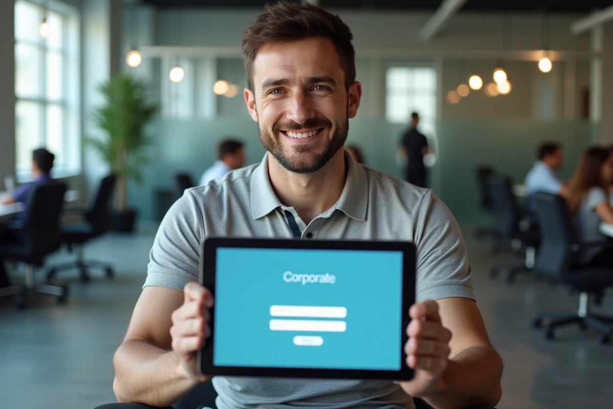 Employ&eacute; acc&eacute;dant &agrave; l'intranet Inetum sur une tablette dans un bureau en open space moderne