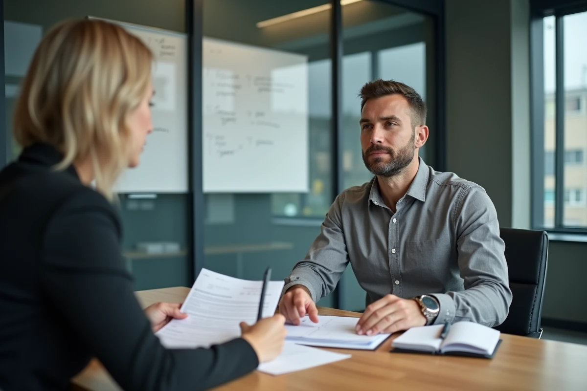 Entrepreneur en consultation avec un conseiller juridique pour l'accompagnement à la création et l'immatriculation d'une entreprise
