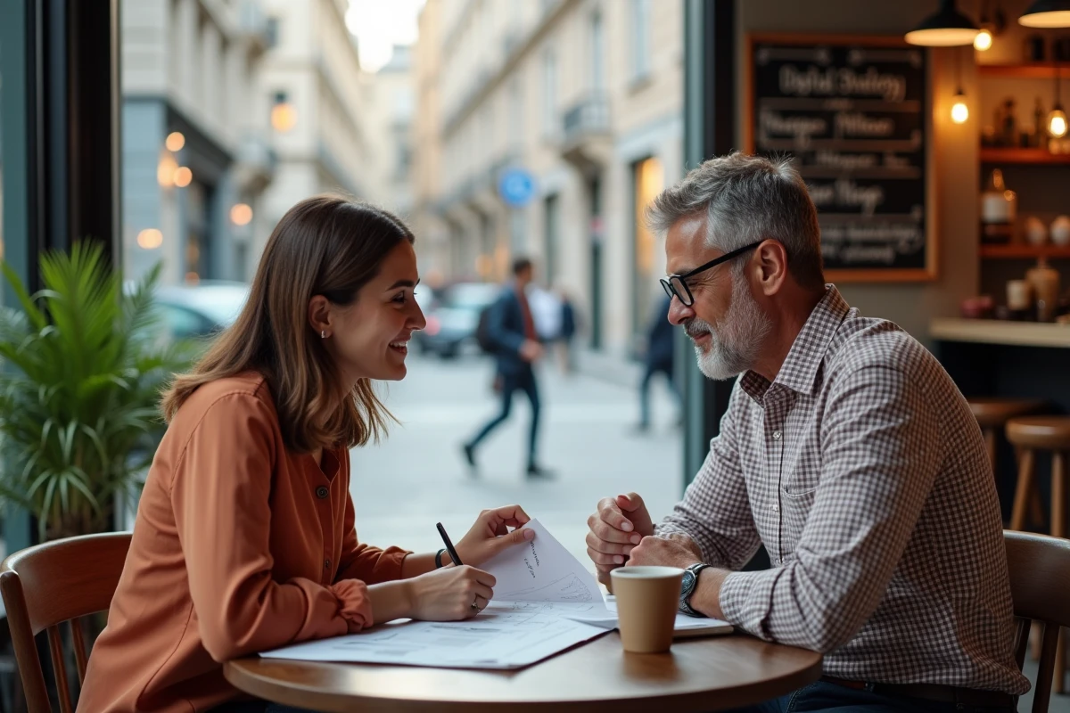 Deux professionnels discutant d'une stratégie digitale autour d'un document imprimé dans un café urbain, symbolisant l'accompagnement personnalisé