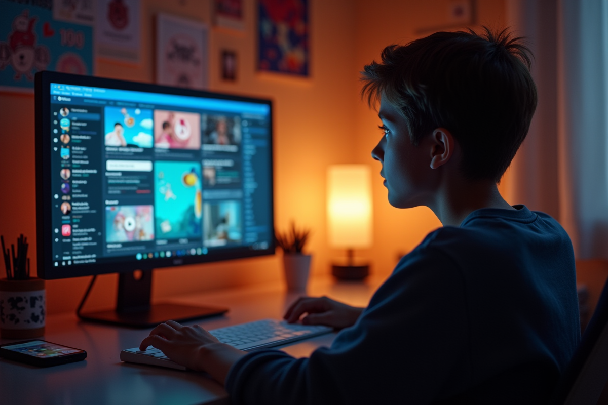 Adolescent seul regardant ses réseaux sociaux dans sa chambre