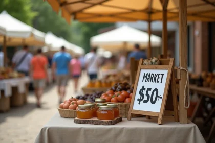 Étal de marché artisanal avec grande affiche de tarifs lisible de loin, pots de miel et conserves disposés sur nappe en lin