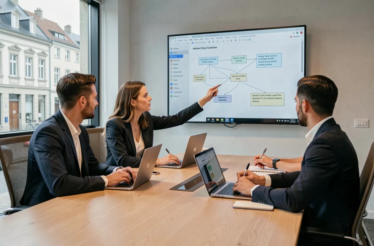 Équipe de l'agence Actency collaborant sur une architecture web complexe dans leurs bureaux modernes