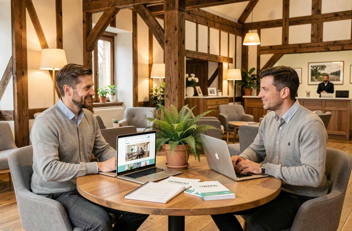 Consultants d'Alsace Web en réunion client dans un espace de travail avec des éléments architecturaux alsaciens