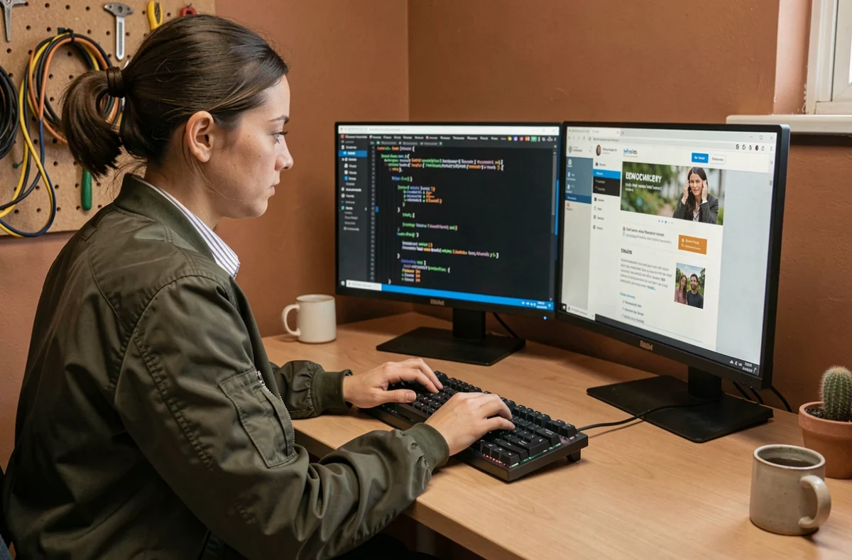 Développeuse de l'agence AtelierCode travaillant sur du code et un aperçu de site web