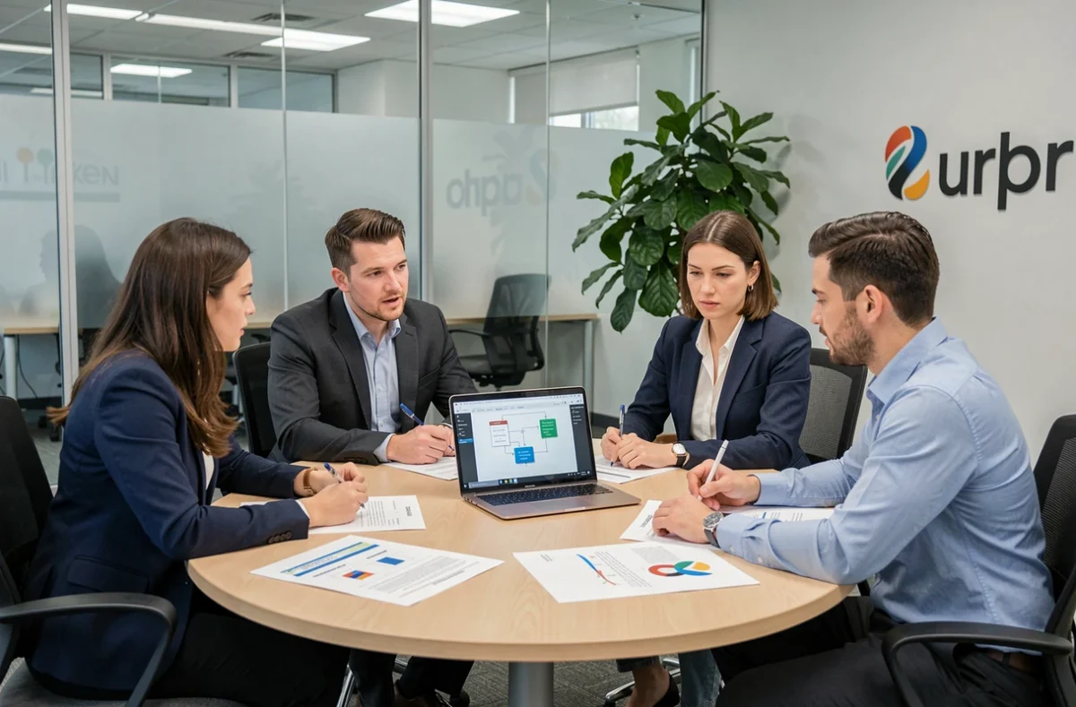 Équipe de l'agence Coactis en réunion de projet autour d'un wireframe UX dans une salle de conférence vitrée