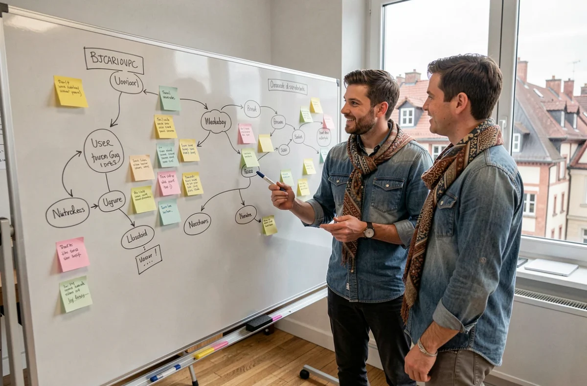 Équipe de l'agence Dagré en session de brainstorming autour d'un tableau blanc dans leur studio strasbourgeois
