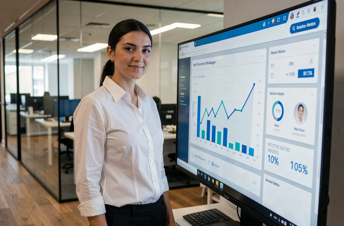 Chef de projet de l'agence Digitium présentant un tableau de bord analytique sur écran interactif