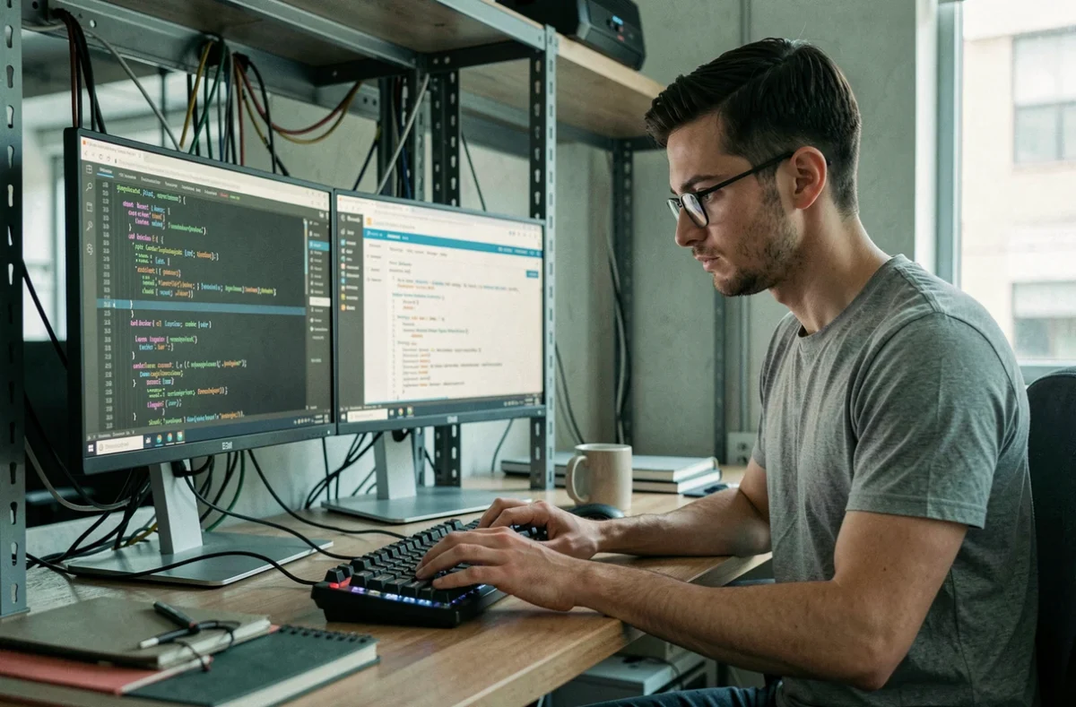Développeur de l'agence Esilab concentré sur son code dans un bureau au style industriel