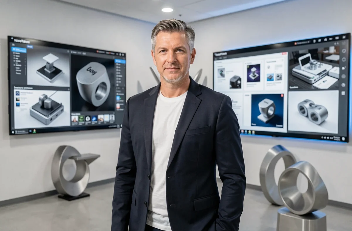 Directeur créatif de l'agence Futur Digital dans un studio moderne aux affichages numériques futuristes