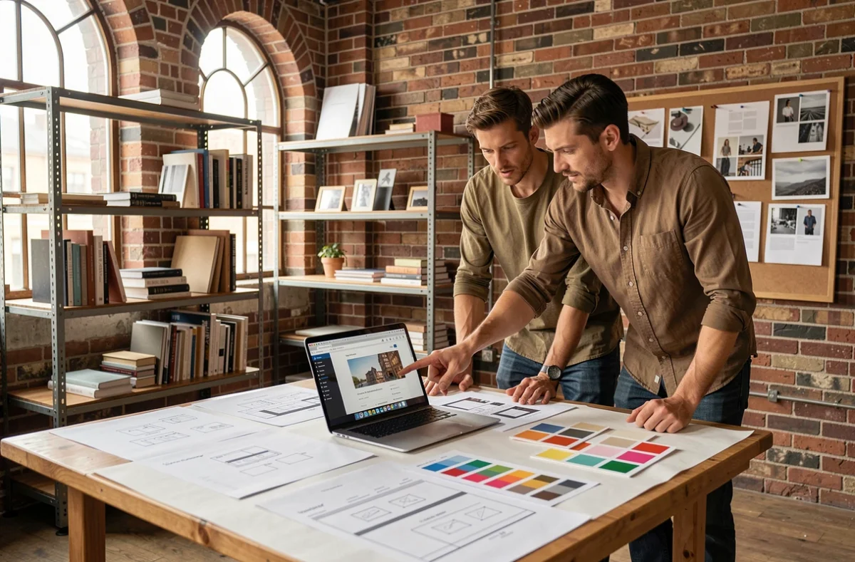Deux designers de l'agence Horizon collaborant sur des maquettes de sites internet dans un studio créatif