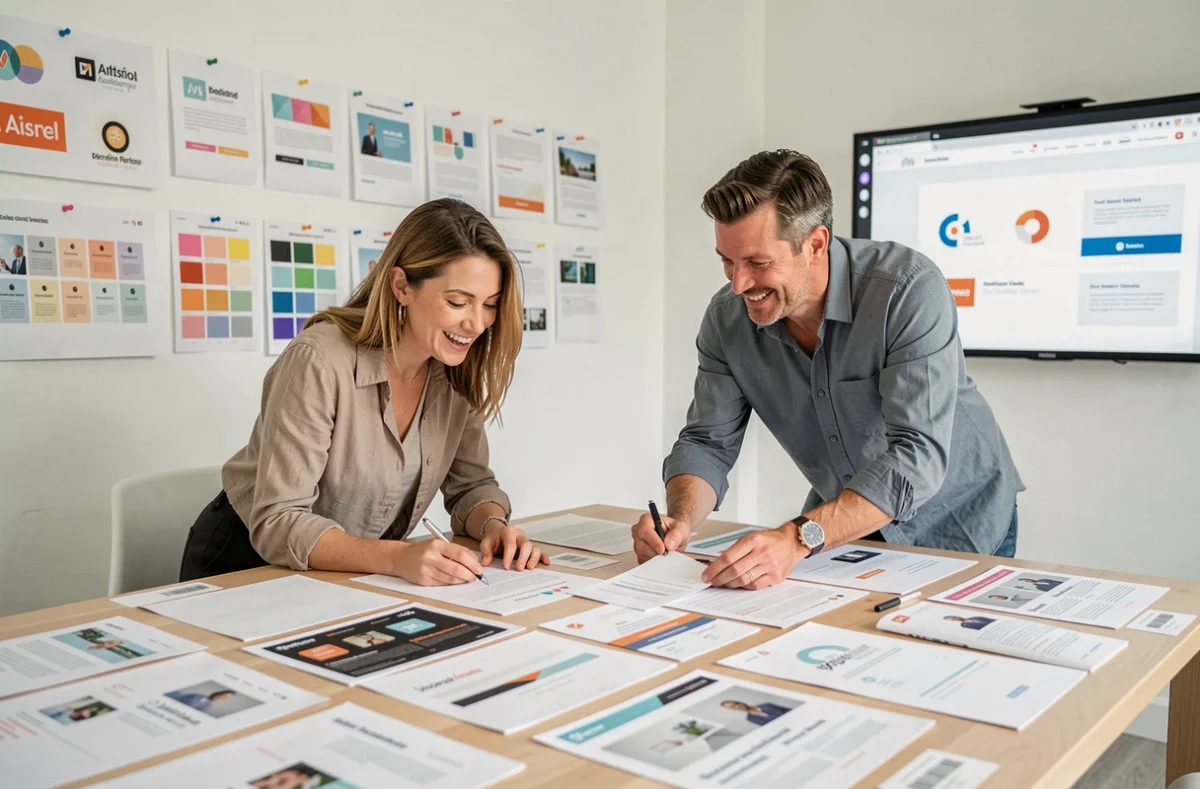 Équipe de l'agence Ido dans l'Aisne examinant des supports de communication imprimés et des maquettes de sites web épinglées dans un studio de création