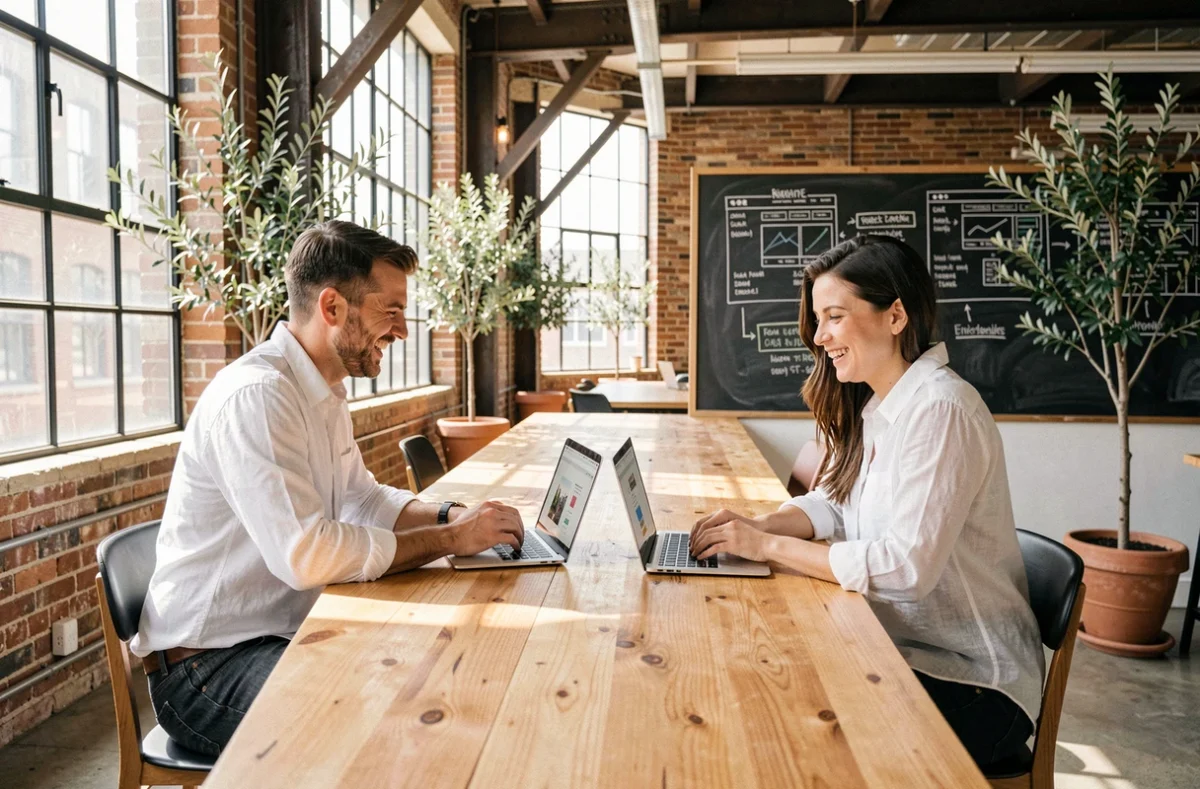 Duo créatif de l'agence Keole et Gazoline travaillant sur des designs de sites dans un espace co-working lumineux