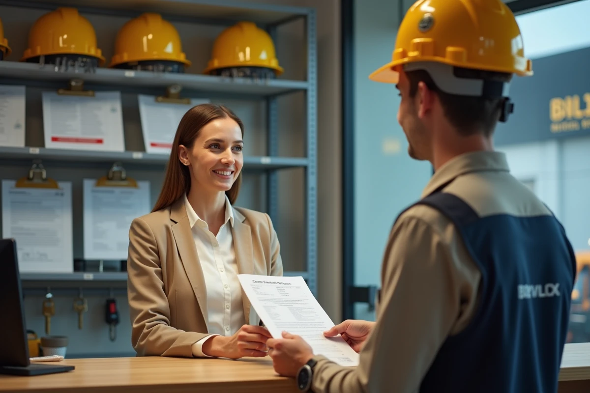 Employée d'agence de location d'équipements remettant des identifiants de connexion à un client en agence Loxam