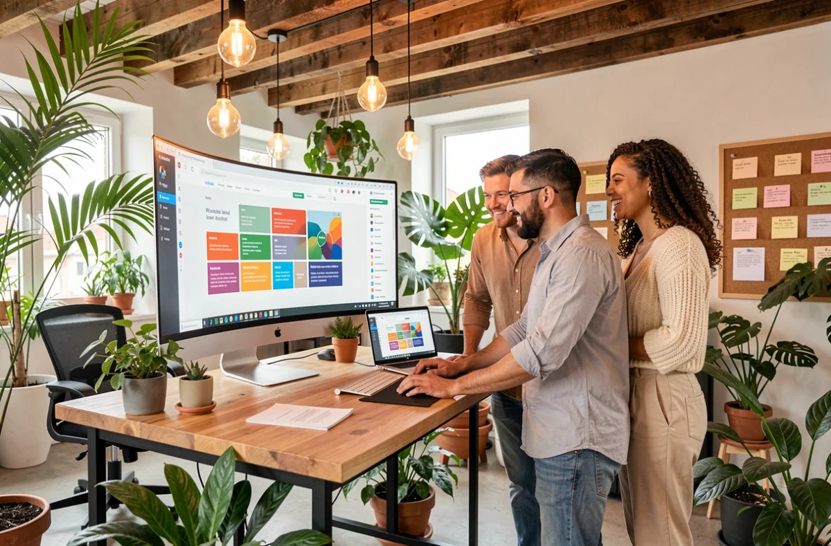 Équipe de l'agence Spiriit réunis autour d'un écran pour examiner un site web dans un espace de travail coloré
