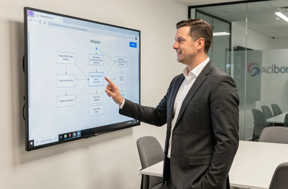 Chef de projet de l'agence Uniweb présentant l'architecture d'un site internet sur écran tactile