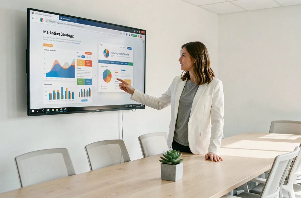 Consultante de l'agence Very Well Digital présentant une stratégie de création de site web sur écran