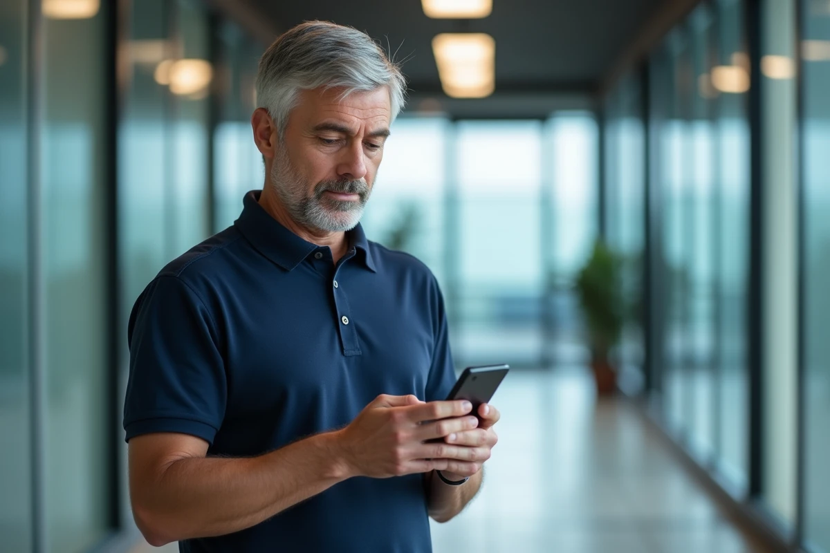 Agent municipal consultant le portail cccp13 sur smartphone dans un couloir administratif