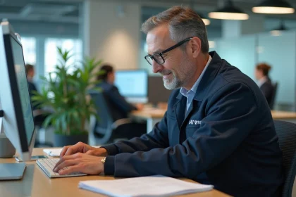 Agent RATP masculin consultant le portail en ligne du CSE2 RATP sur un ordinateur de bureau dans un espace de travail moderne