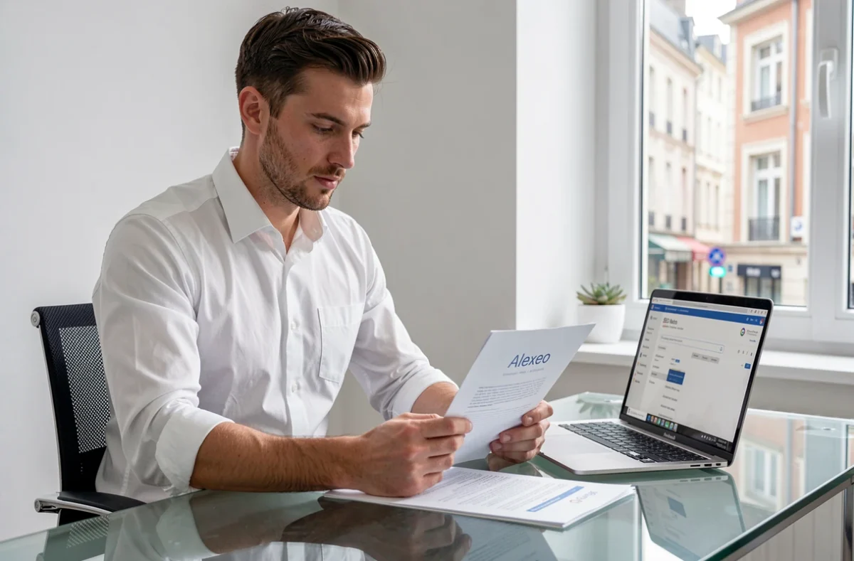 Consultant d'Alexeo en chemise blanche examinant un rapport d'audit SEO imprimé dans un bureau minimaliste donnant sur une rue normande