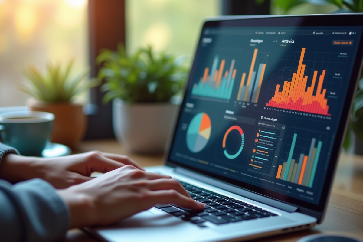 Mains sur un clavier avec graphiques marketing colorés sur l