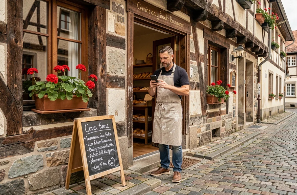 Artisan boulanger alsacien devant sa boutique traditionnelle consultant son smartphone pour suivre la visibilité en ligne de son commerce local