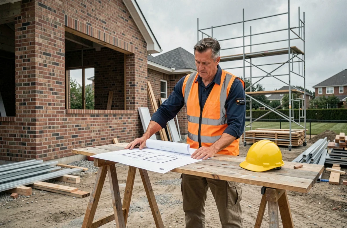 Artisan du bâtiment consultant des plans de construction sur un chantier résidentiel avec gilet haute visibilité