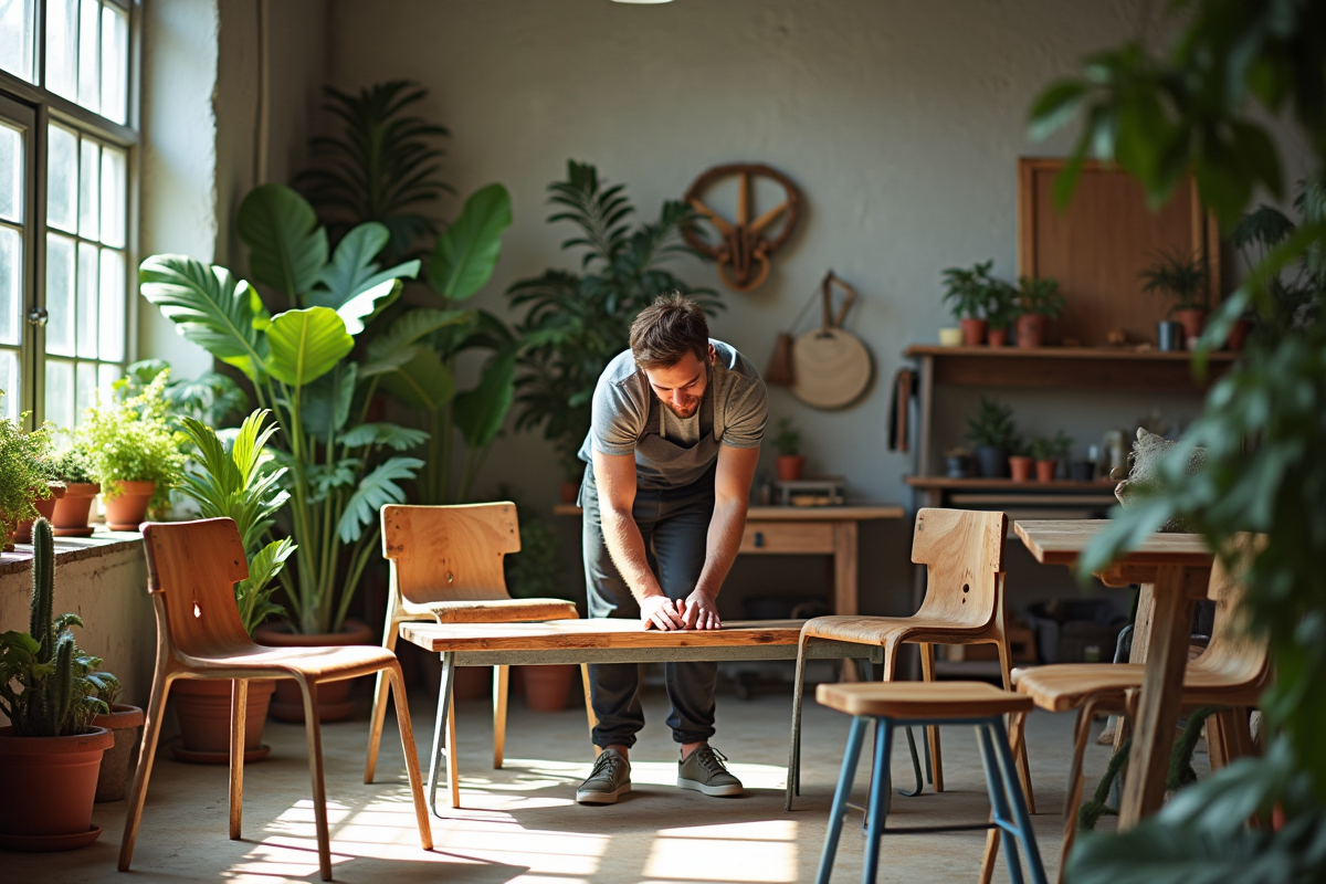 Studio de meubles upcyclés avec designer et mobilier en bois