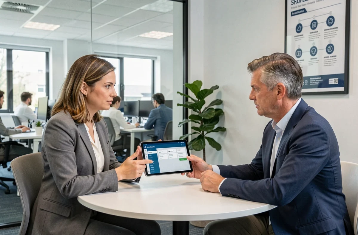 Conseillère d'Atry Services dans l'Aisne présentant une interface de services numériques sur tablette à un client lors d'une réunion professionnelle