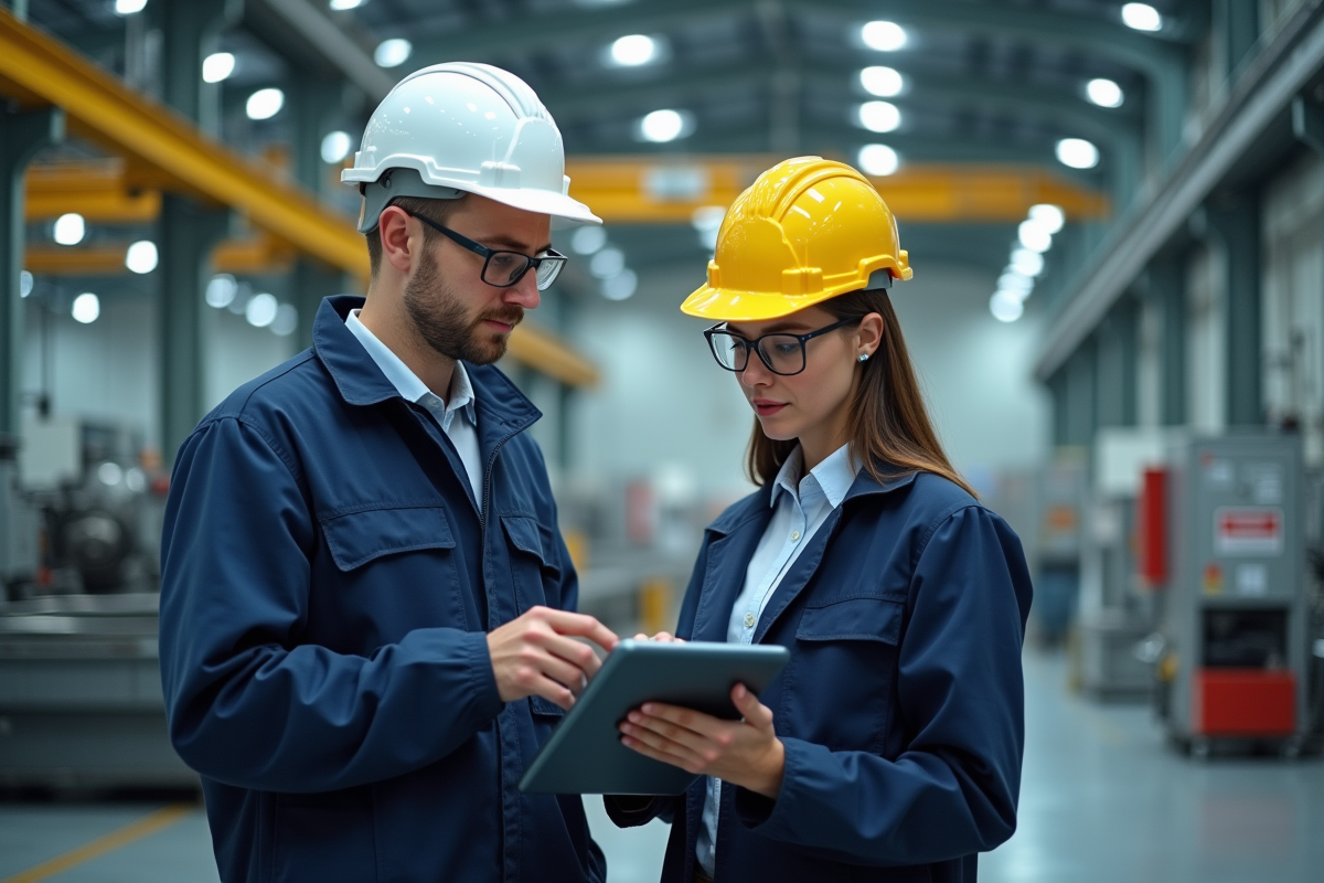 Deux auditeurs en inspection dans une usine lumineuse