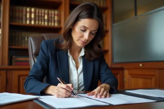 Avocate analysant un contrat d'égérie dans son cabinet juridique professionnel