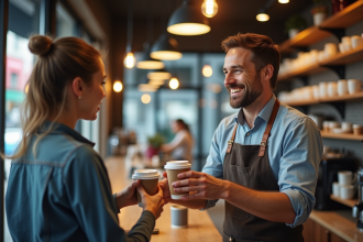 Barista souriant donnant un café à emporter dans un café moderne
