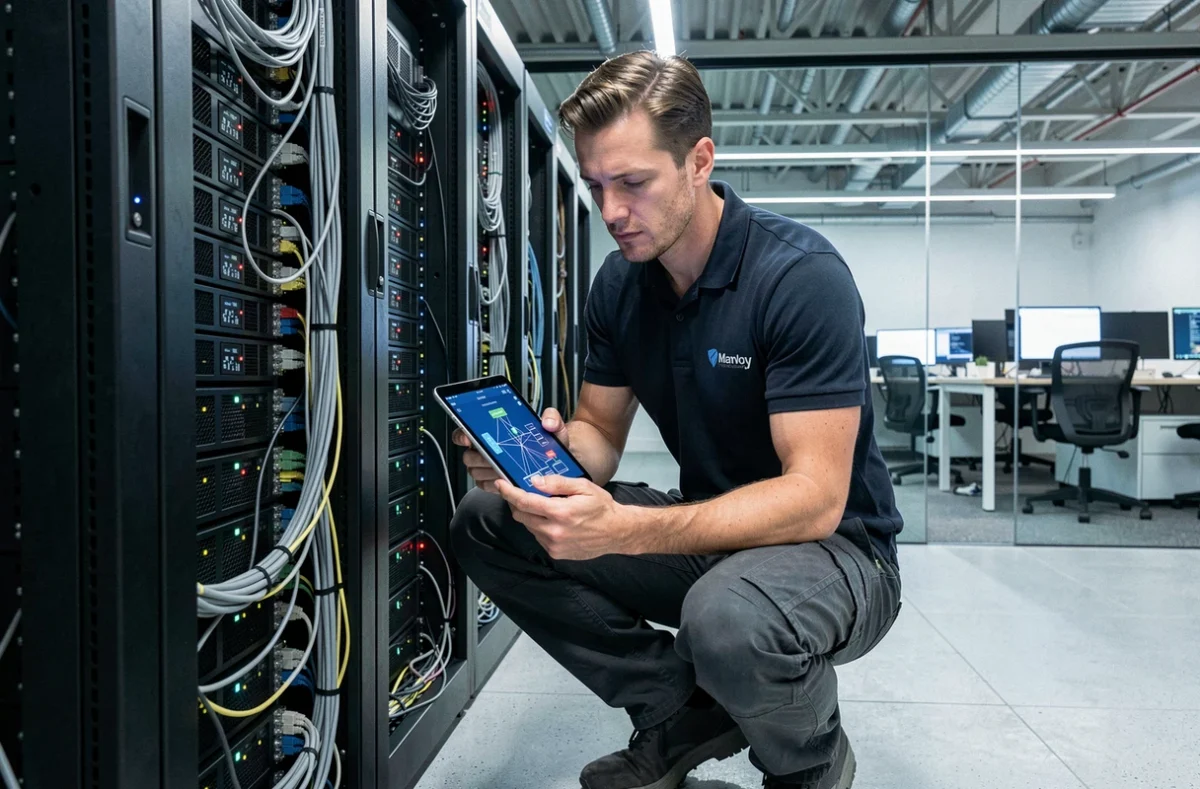 Technicien informatique de Beware Informatique dans une salle serveur inspectant une infrastructure IT avec une tablette affichant un schéma réseau