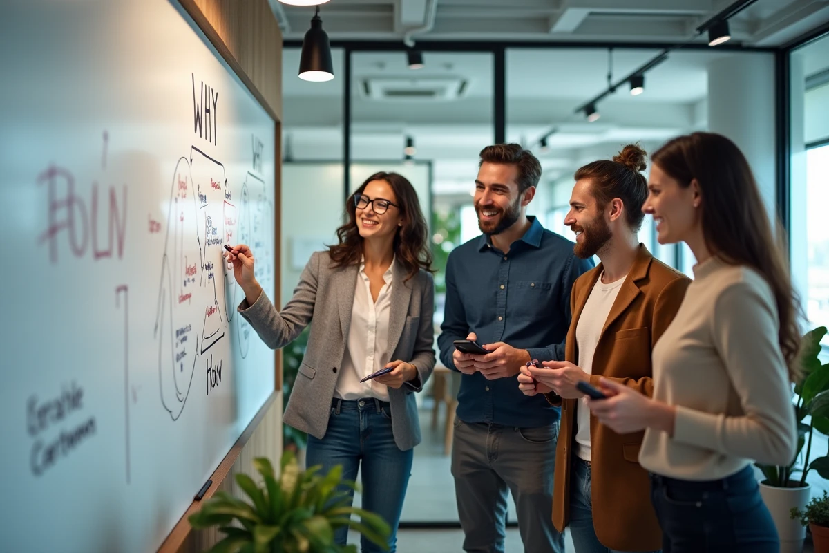 Groupe diversifi&eacute; en brainstorming avec tableau blanc