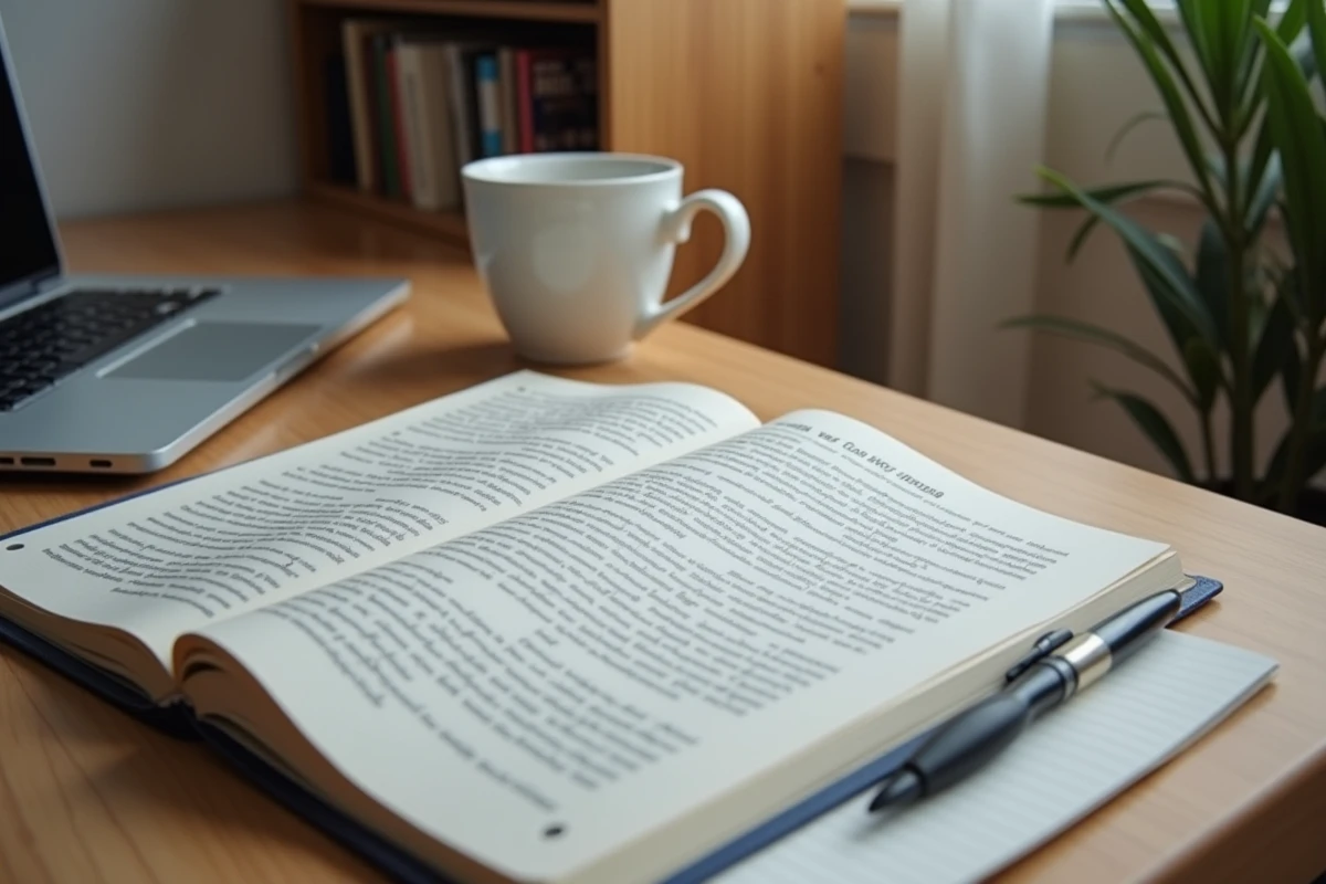 Bureau avec guide imprimé sur la stratégie web, notes juridiques manuscrites et café, illustrant les ressources éditoriales en marketing et droit