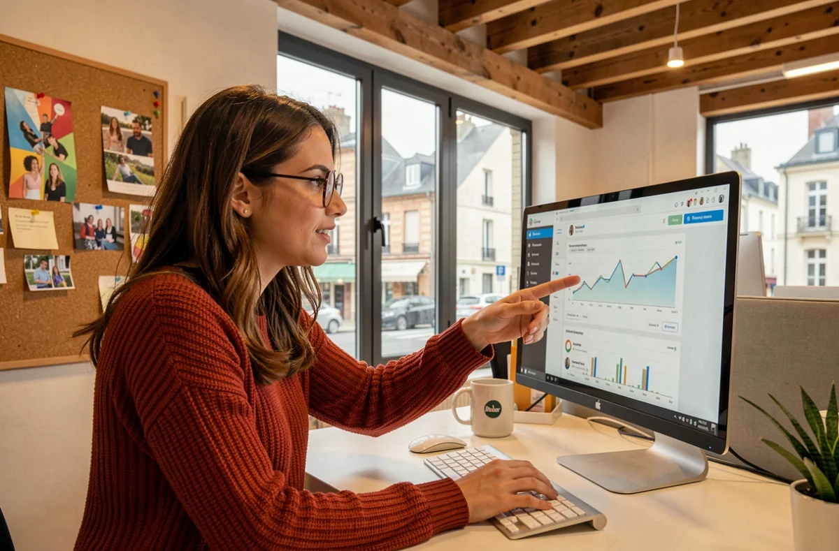 Consultante digitale de Business Antidote dans un bureau moderne à Soissons travaillant sur un tableau de bord d'analytics devant une fenêtre avec vue urbaine