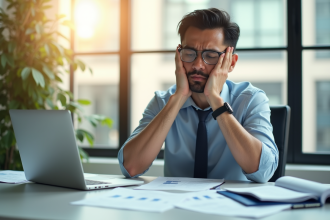 Professionnel d'affaires stressé à son bureau lumineux