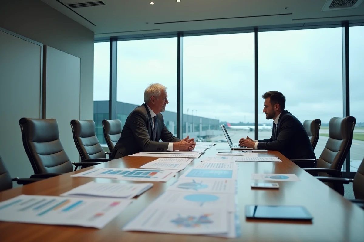 Cadre dirigeant de l'industrie aéronautique en réunion dans une salle de conseil avec rapports financiers et vue sur piste d'aéroport