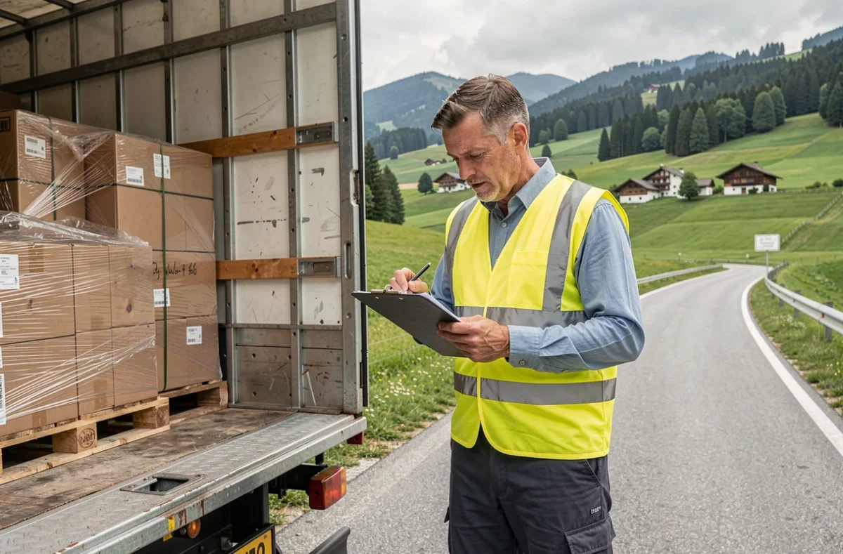 Chauffeur poids lourd consultant un bon de livraison devant sa remorque sur une route rurale suisse