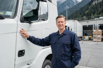 Chauffeur poids lourd professionnel en uniforme devant un camion semi-remorque blanc dans un terminal logistique suisse