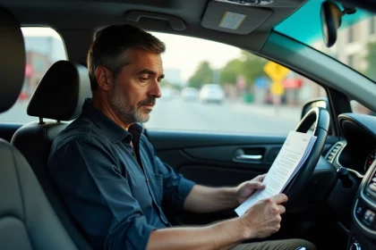 Chauffeur de taxi consultant des documents financiers sur le prix d'une licence taxi dans son véhicule en ville