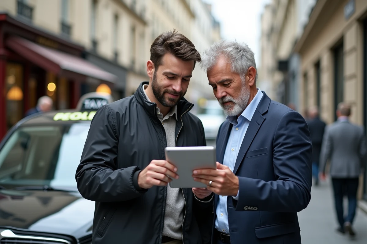 Deux chauffeurs de taxi discutant des alternatives au prix d'une licence taxi sur une tablette en bord de rue en ville