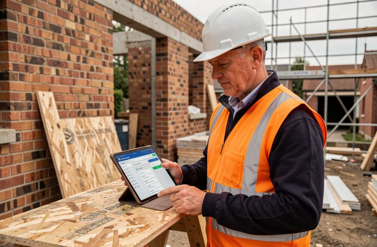 Chef de chantier utilisant un logiciel de gestion BTP sur tablette sur un petit chantier de construction