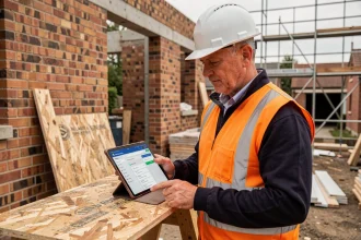 Chef de chantier utilisant un logiciel de gestion BTP sur tablette sur un petit chantier de construction