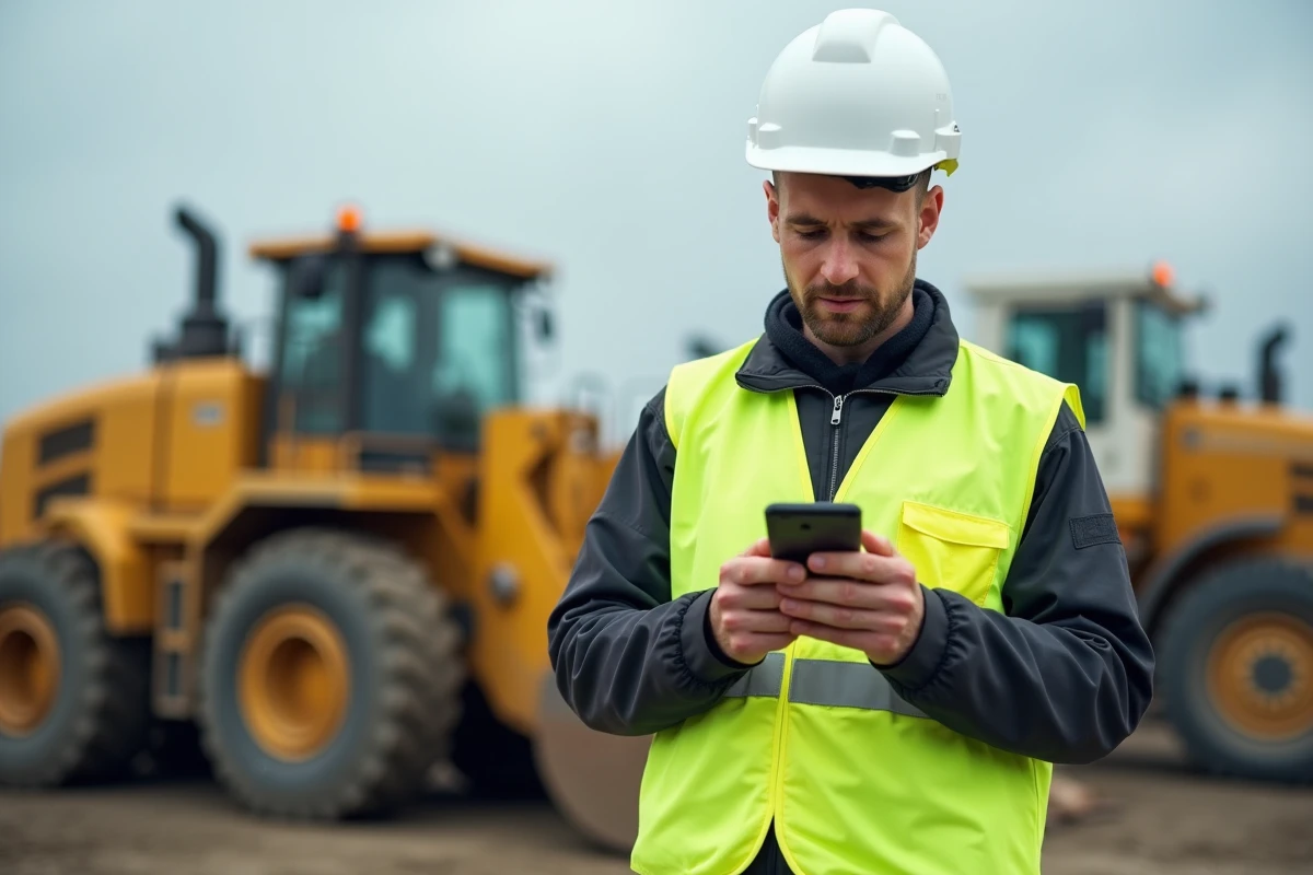 Chef de chantier consultant un formulaire de récupération de mot de passe Loxam CE sur son smartphone devant un chantier
