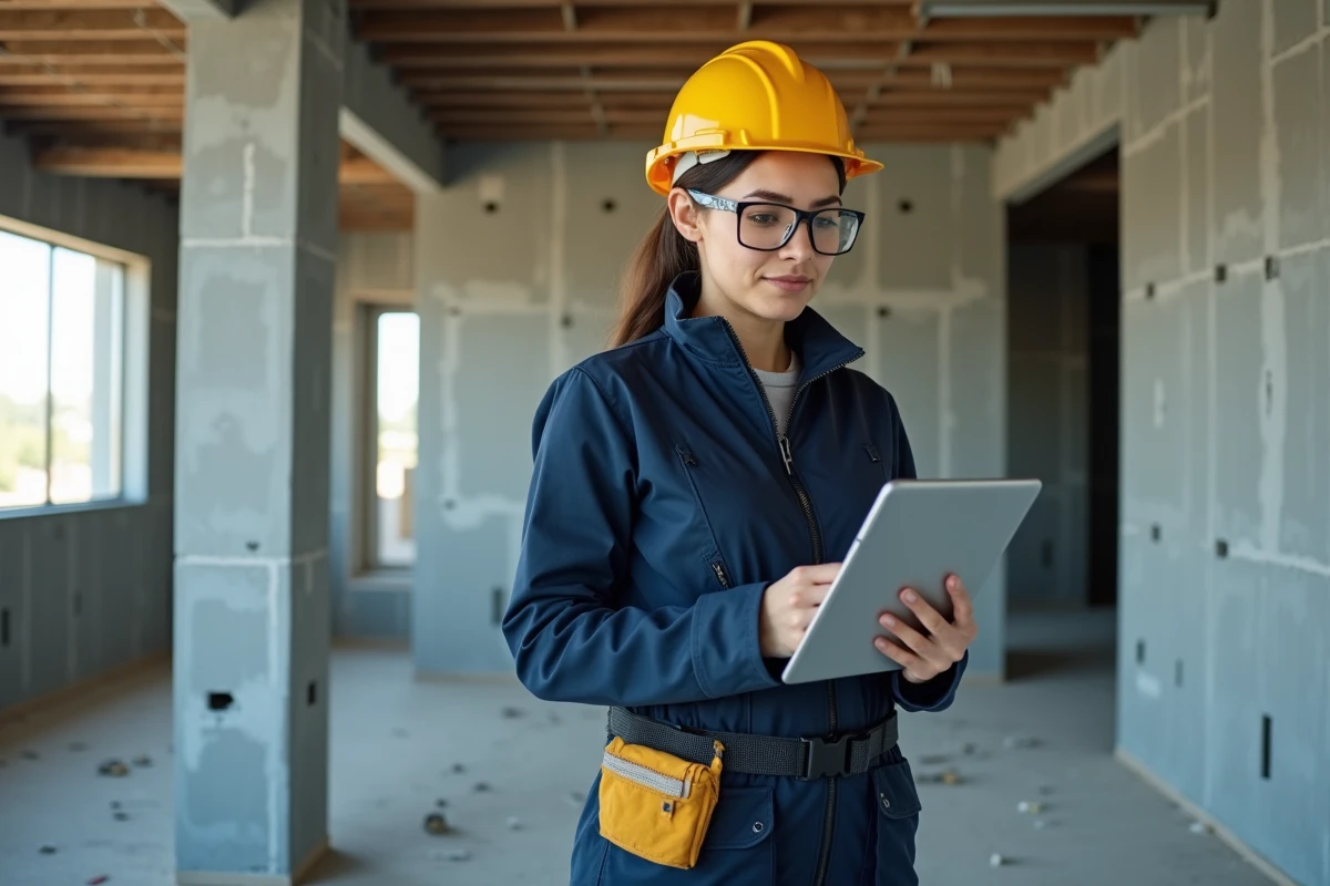 Cheffe de projet BTP utilisant une tablette numérique pour gérer des artisans de second œuvre dans un bâtiment en cours de finition