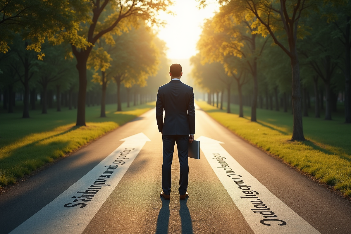 Personne hésitante devant un croisement avec panneaux opportunites et defis