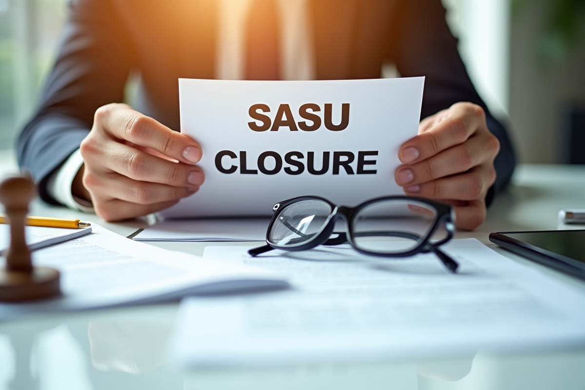 Mains tenant un dossier de fermeture SASU avec documents officiels