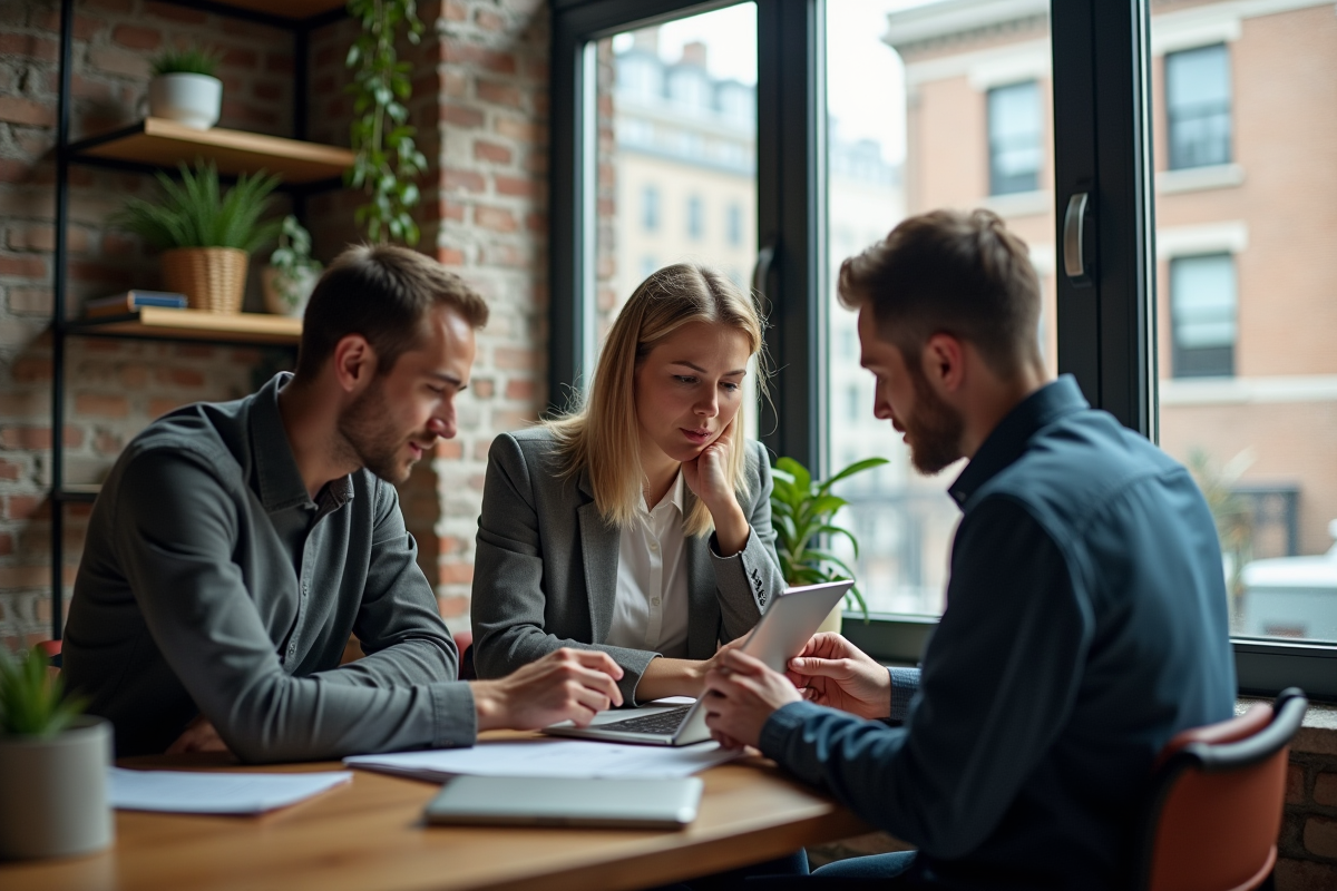 Trois jeunes professionnels collaborant dans un espace de coworking