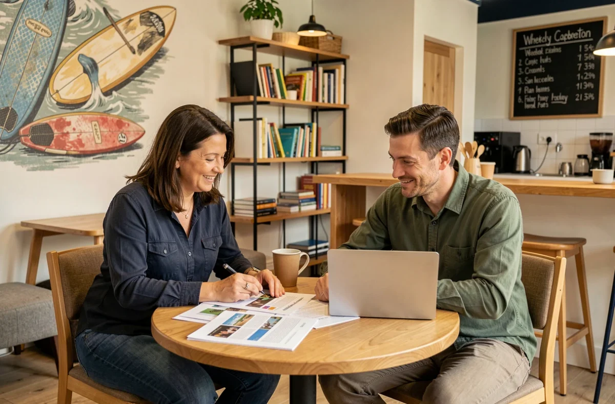 Deux travailleurs en coworking collaborant autour d'une table dans un espace partagé à Capbreton