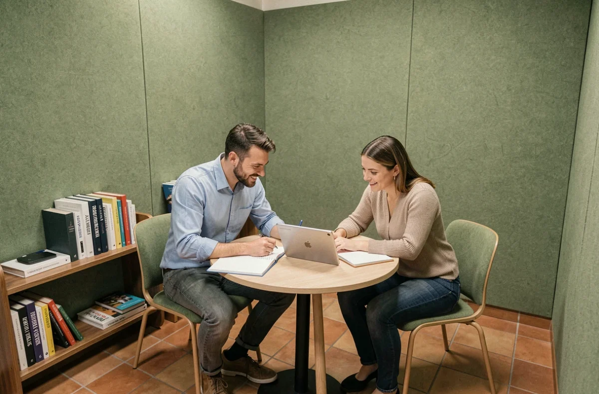 Deux freelances en réunion de collaboration dans un espace de coworking à Anglet